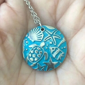 Sea Life Sea Turtle Fish Starfish Blue Circle Stainless Steel Necklace NWT